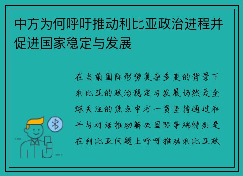 中方为何呼吁推动利比亚政治进程并促进国家稳定与发展